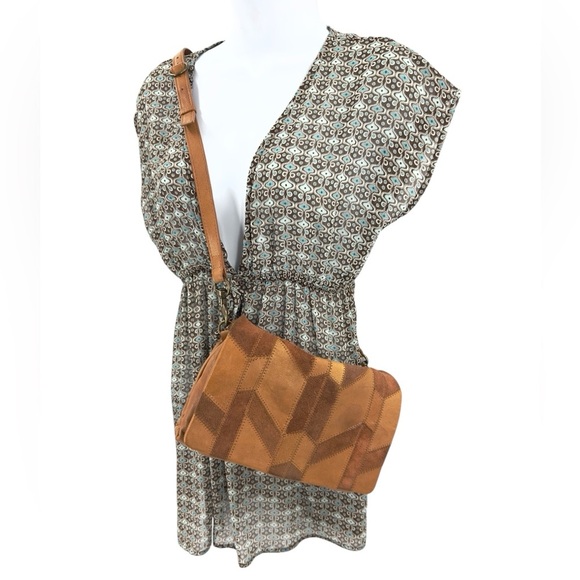 Lucky Brand Axil Leather Crossbody Purse Patchwork Bag Cognac Brown Boho Indie - Picture 3 of 14